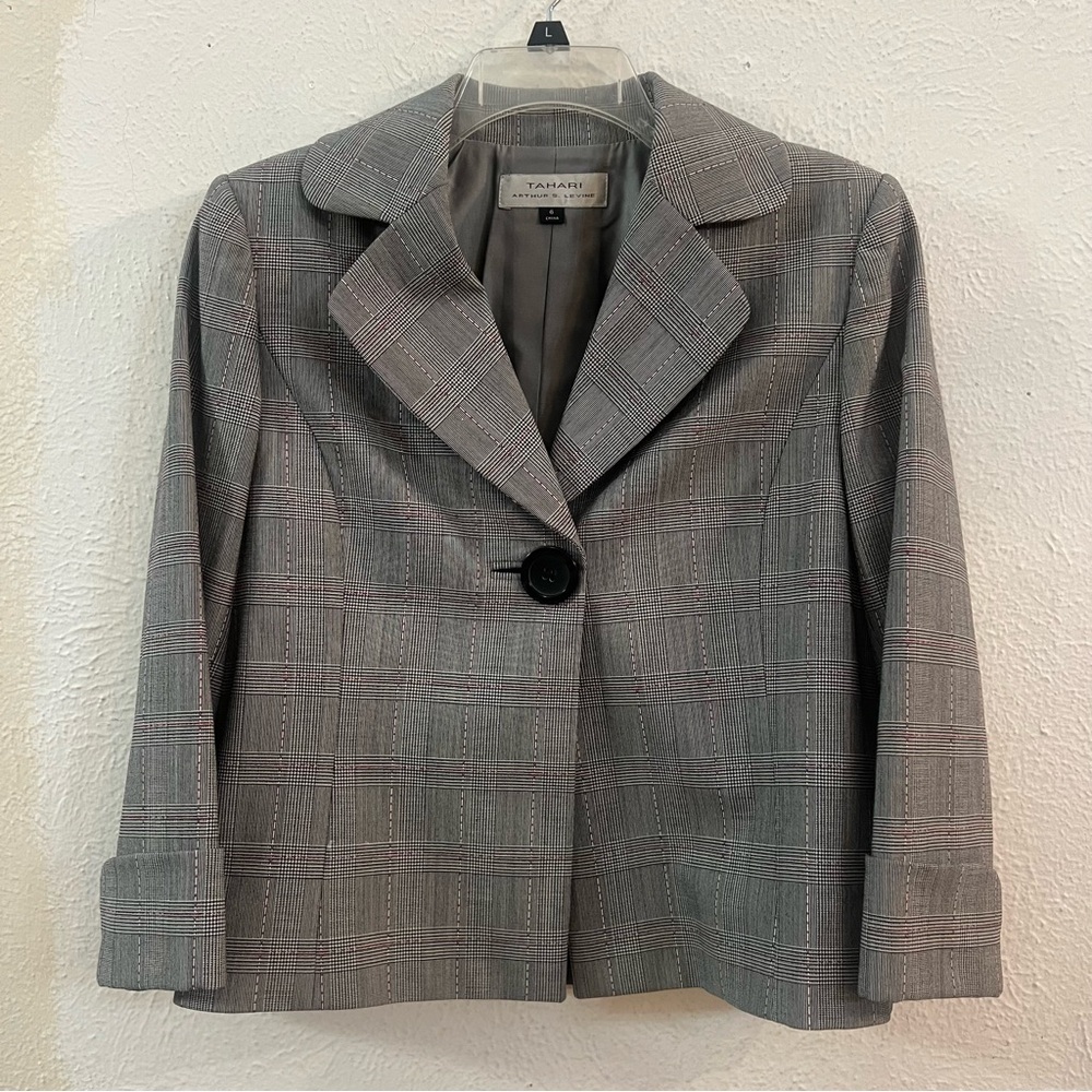 Tahari gray plaid single button swing blazer